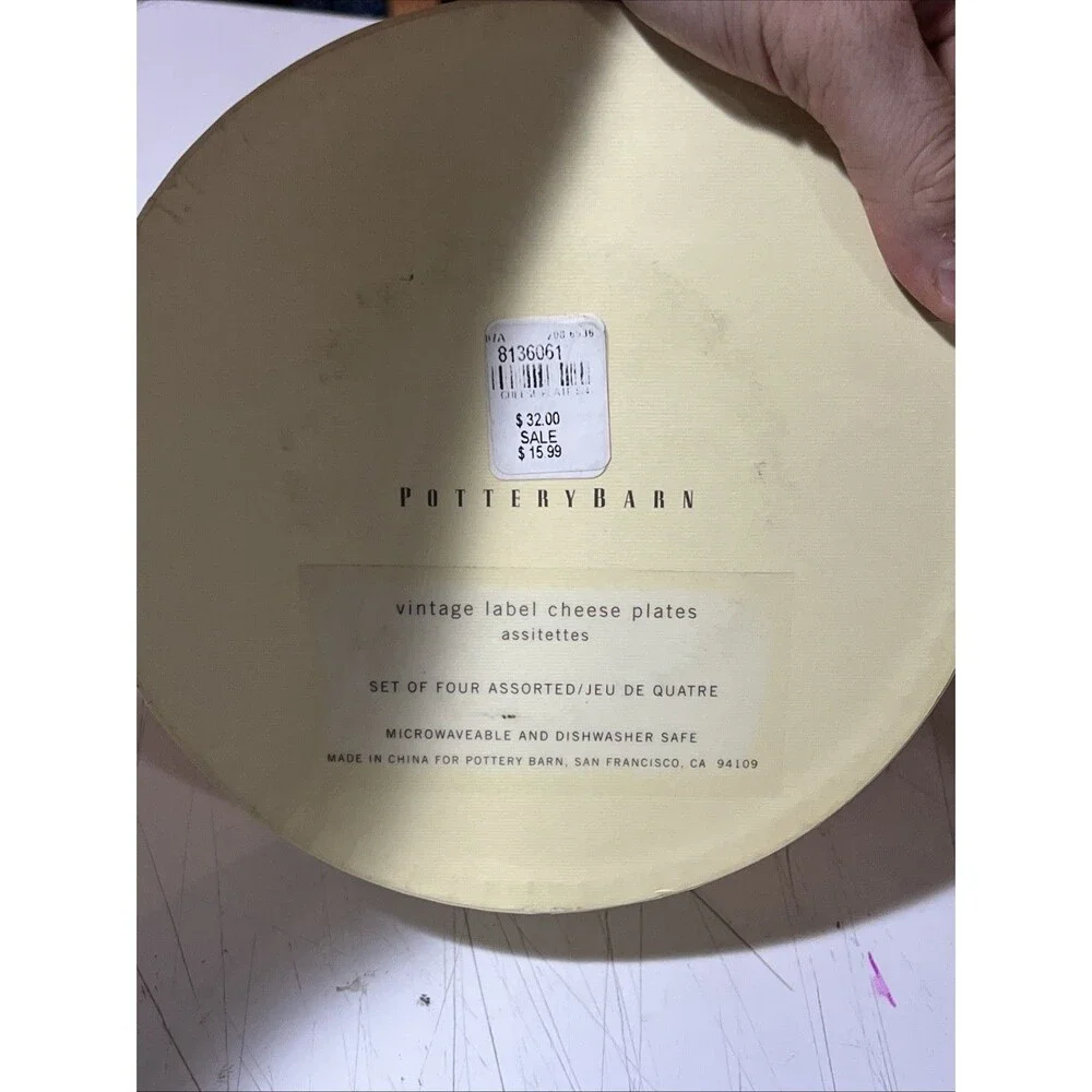 Pottery Barn Vintage Label Cheese Snack 7in Plates Bee Cow 5 Star Set 4